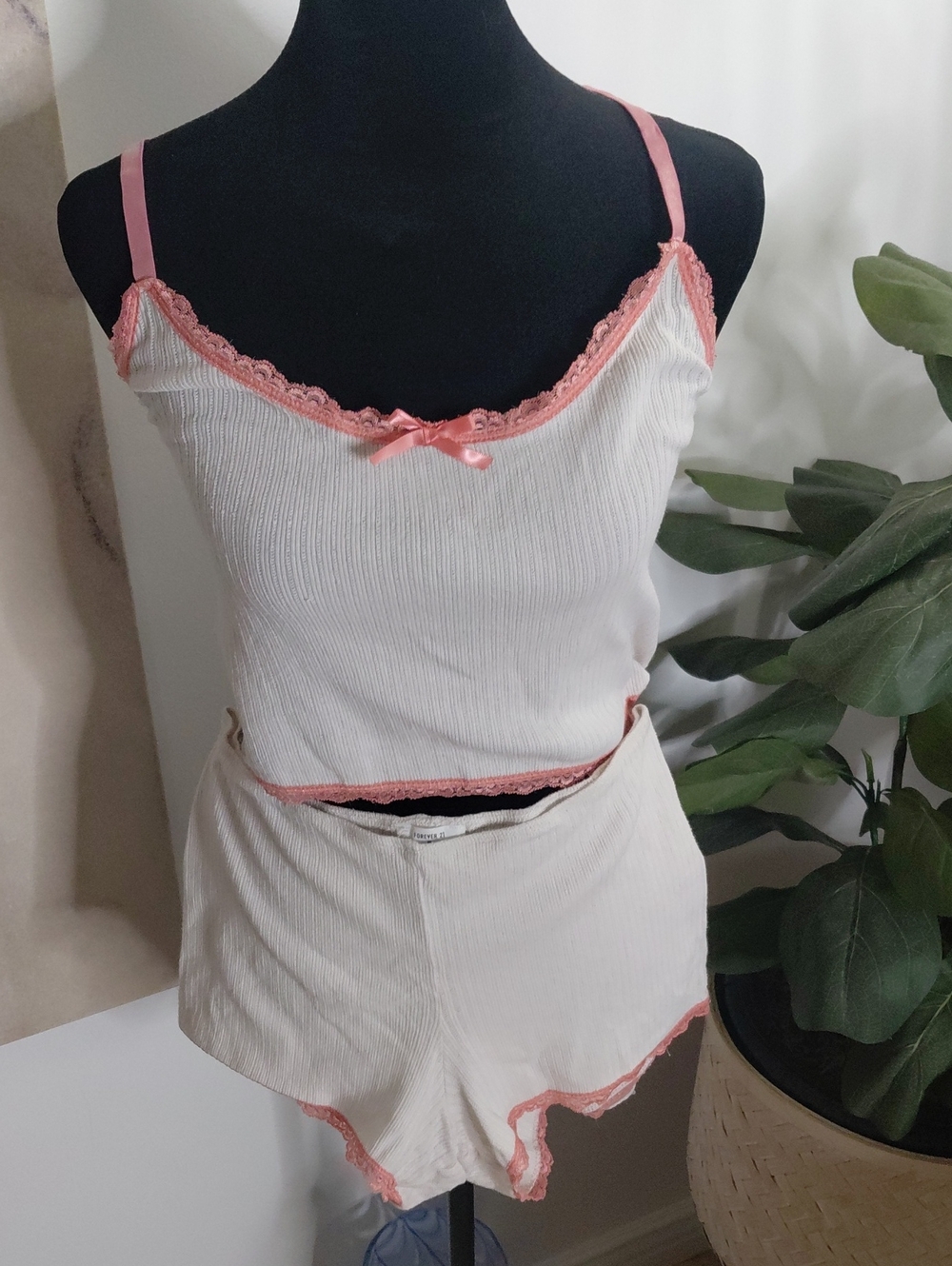 Forever 21 Cream Ribbed Cami & Pink Lace Trim Short Sleep Set
